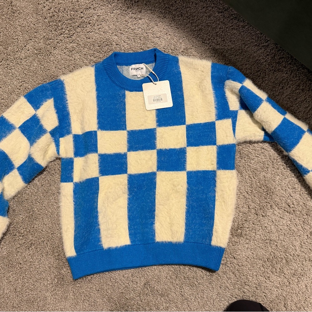 FRNCH Blue and Cream Checkered Crewneck Sweater